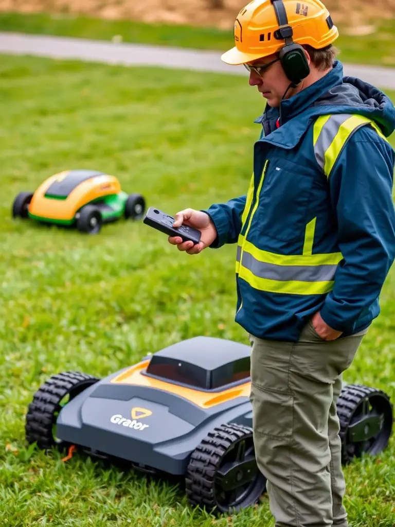 A Commonwealth Robotics technician installing a Yarbo outdoor service robot in a residential garden, showcasing the precision and care taken during installation.