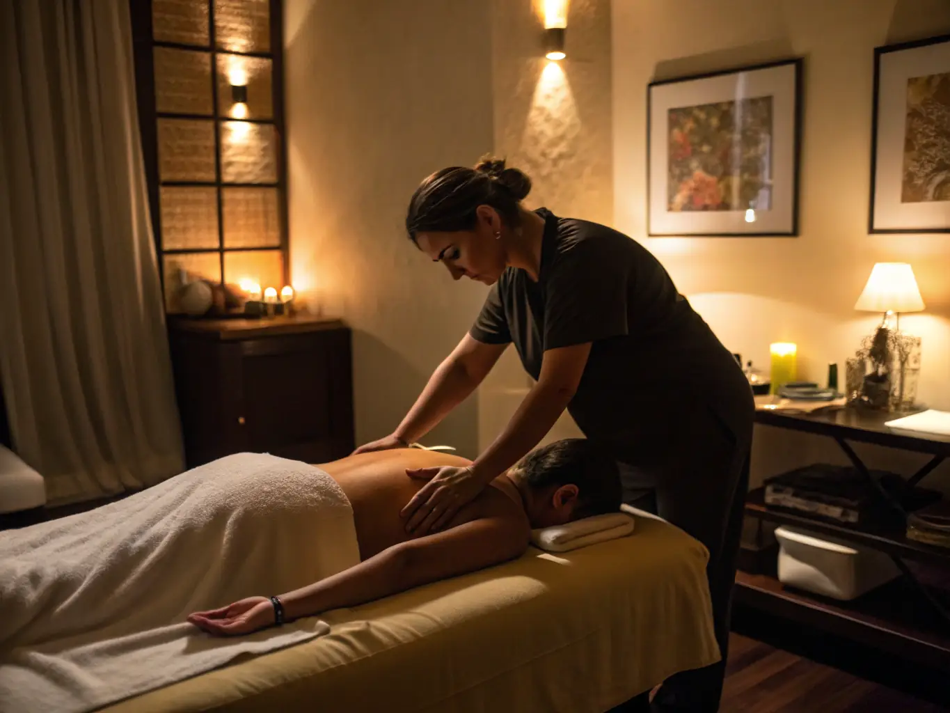 An individual relaxing in a Commonwealth Robotics automated massage suite, with a robotic arm gently providing a therapeutic massage, demonstrating the innovative wellness applications of robotics.