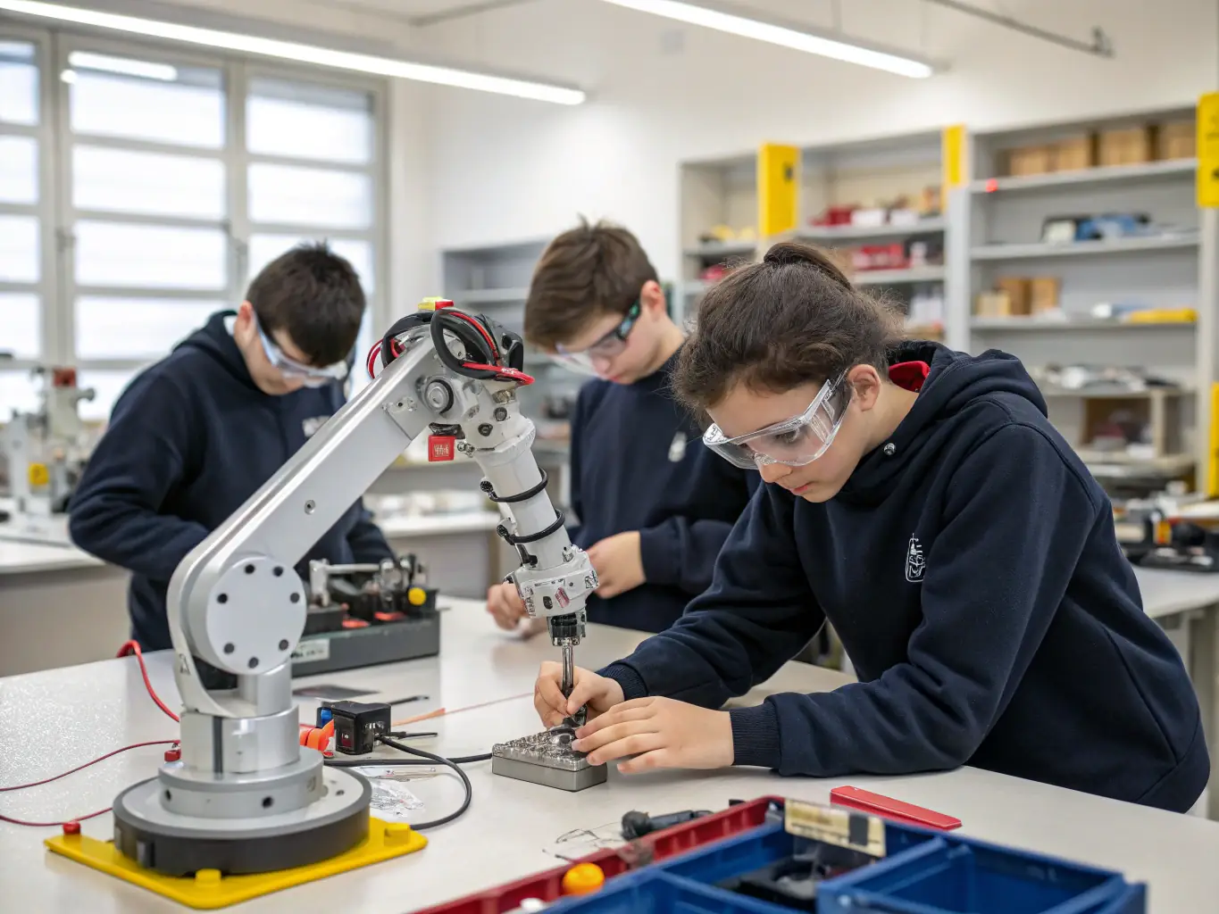 A group of students participating in a robotics workshop, operating small robotic diggers in the RC zone, emphasizing the educational benefits of robotics.