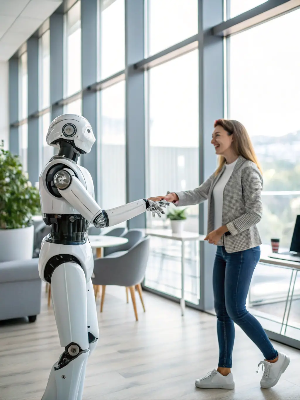 A person interacting with a Unitree humanoid robot in a friendly manner, showcasing its potential for social interaction and assistance.