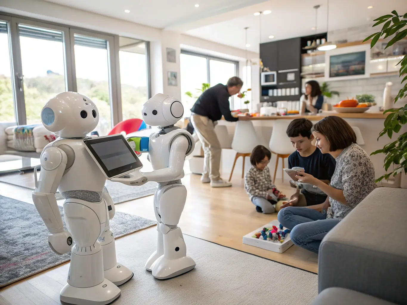 A brightly lit, modern robotic showroom featuring various robots on display, including Yarbo outdoor service robots, Unitree-style humanoids, and 6-axis robotic arms. Customers are interacting with the robots, guided by Commonwealth Robotics staff.