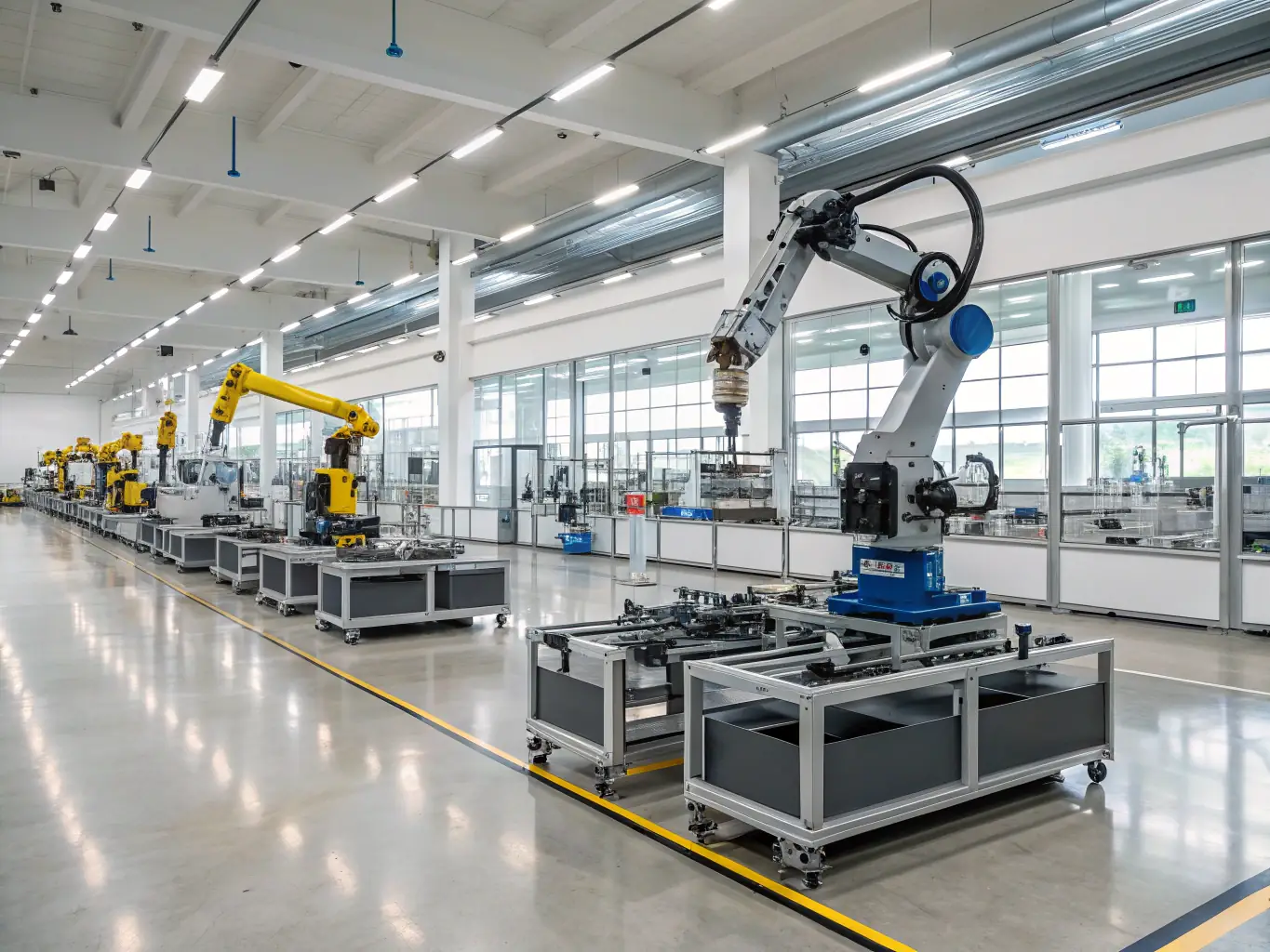 A sleek showroom displaying various robots, with technicians installing a humanoid robot for a customer, showcasing the benefits of robotics sales and installation.