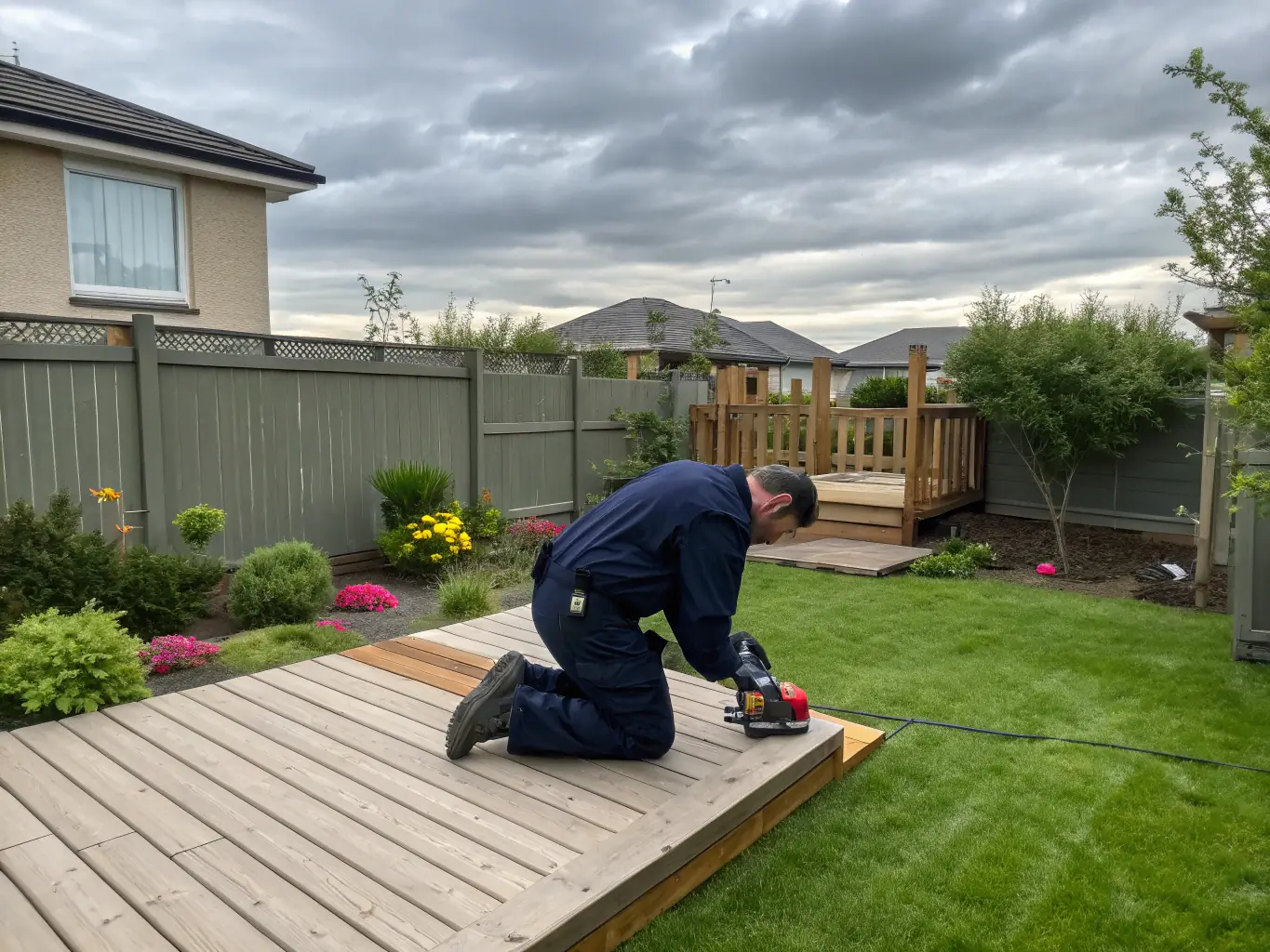 A Commonwealth Robotics technician expertly installing a Yarbo outdoor service robot in a residential garden, showcasing the precision and care taken during the installation process.