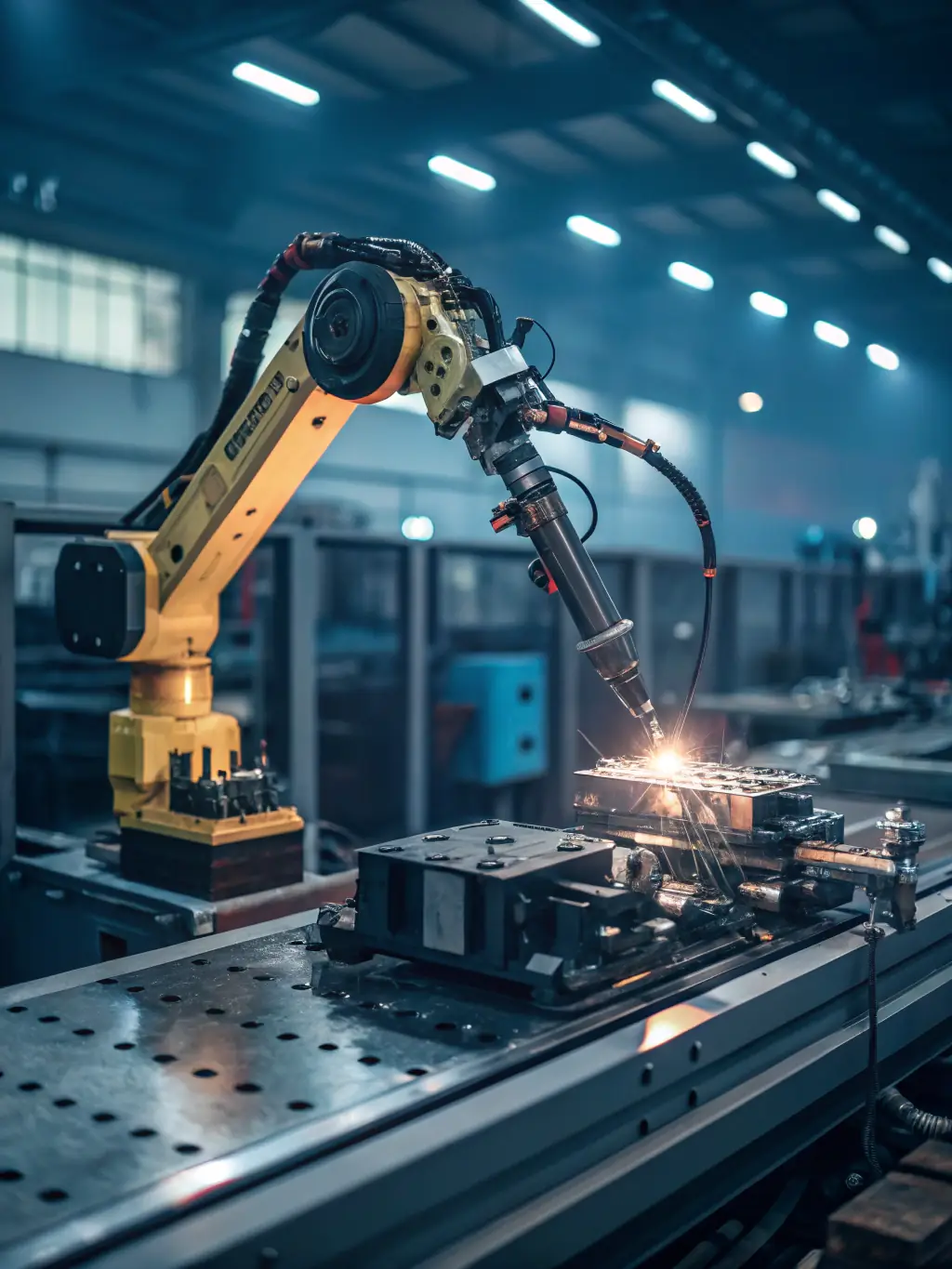 A 6-axis robotic arm precisely assembling components in a manufacturing setting, demonstrating its accuracy and repeatability.