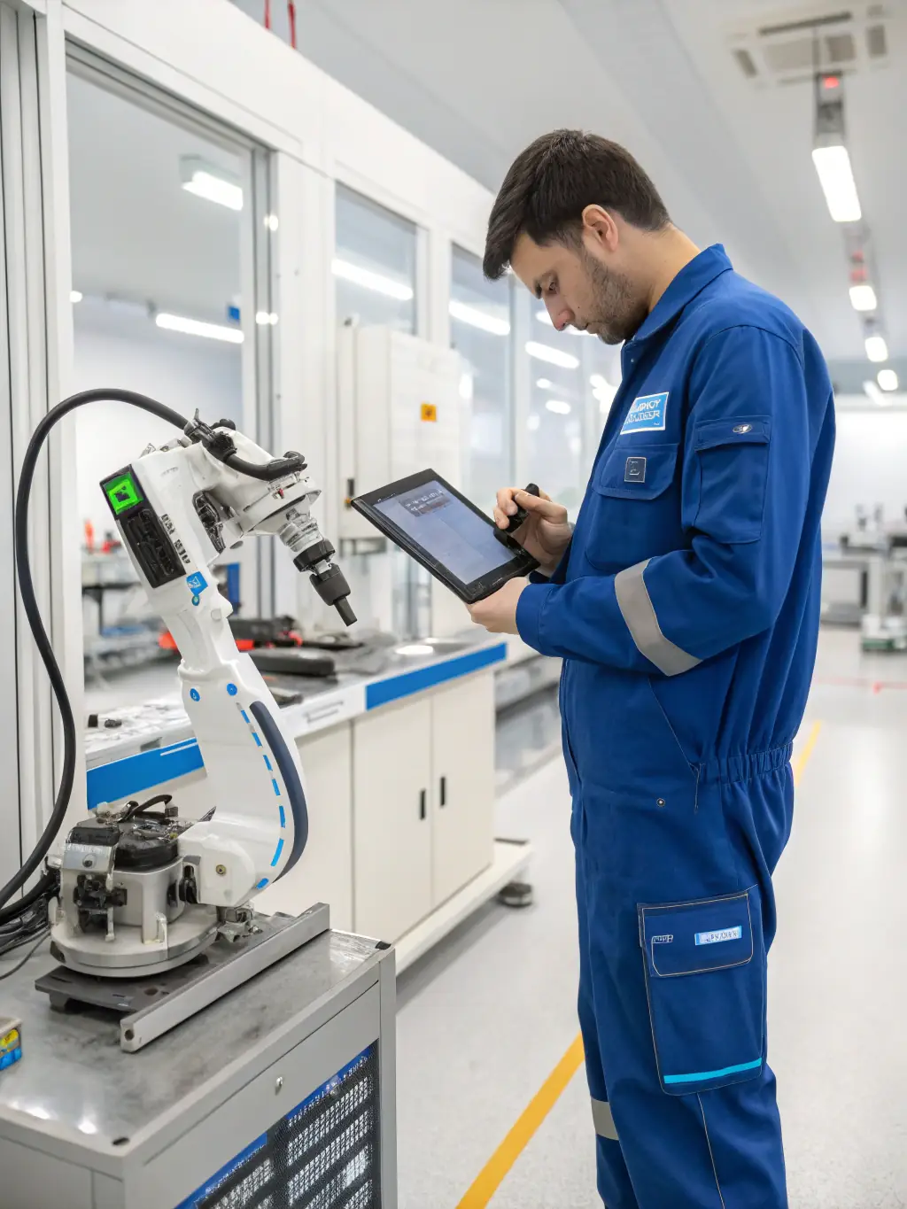 A technician performing maintenance on a 6-axis robotic arm in an industrial setting, emphasizing the importance of regular upkeep.