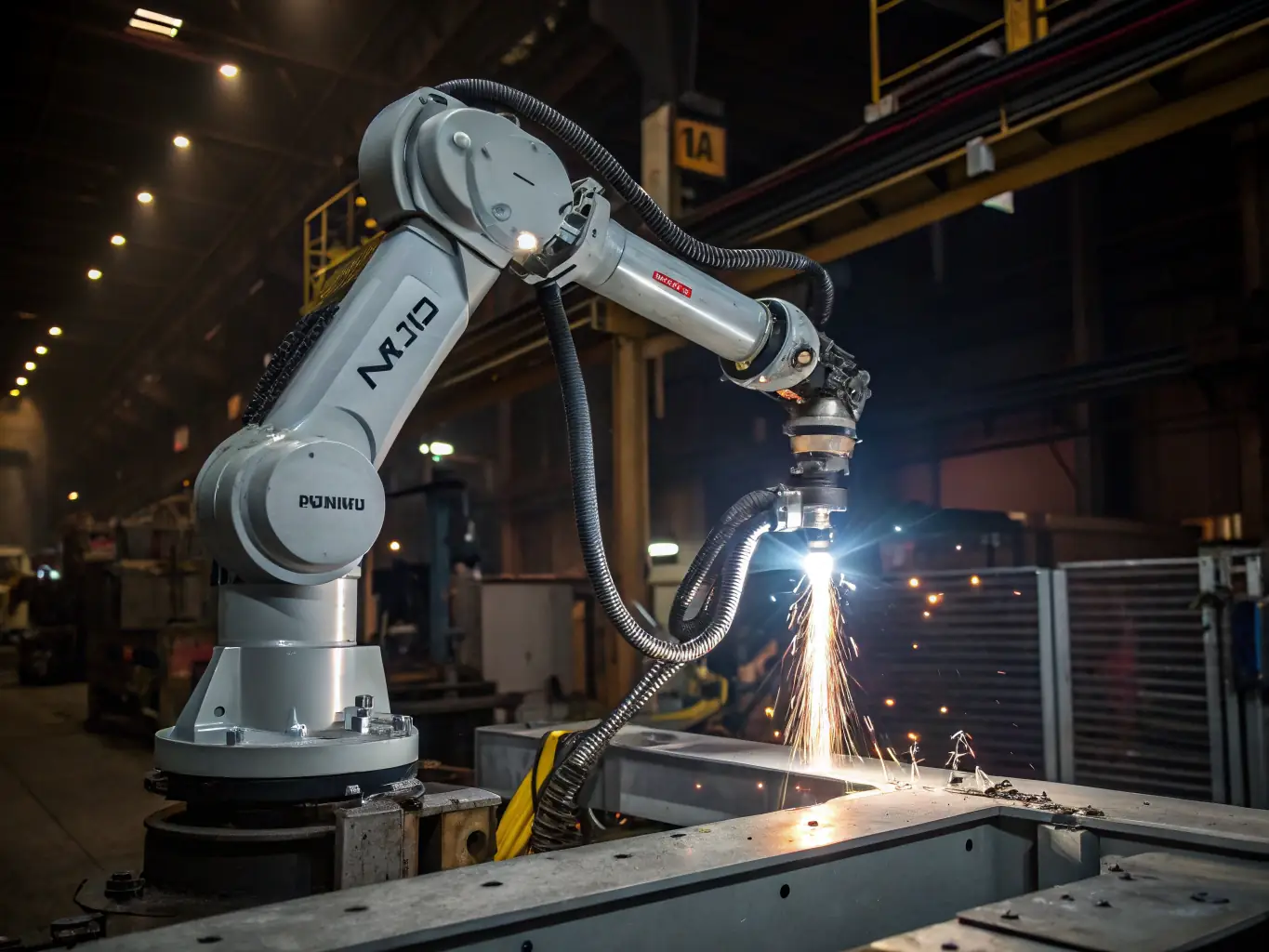 Technicians performing diagnostics and repairs on a robotic arm in the service shop, highlighting the importance of robotics maintenance and repair.