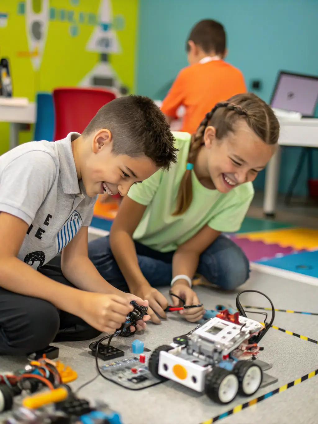 A group of students participating in a robotics workshop at the Commonwealth Robotics facility, engaging with robotic kits and learning about automation.
