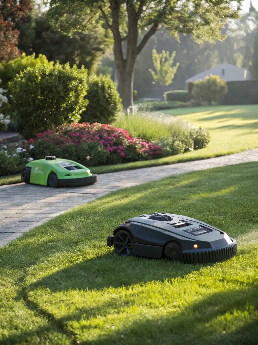 A Yarbo outdoor service robot autonomously mowing a lush green lawn, showcasing its precision and efficiency in lawn care.